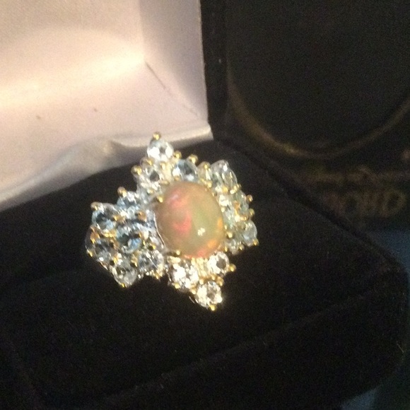 Genuine Natural Fire Opal & Aquamarine Ring, 9mm by 7mm - Picture 5 of 15